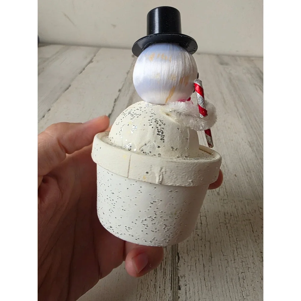 Vintage putz candy paper Japan snowman candy container spun glass chenille top